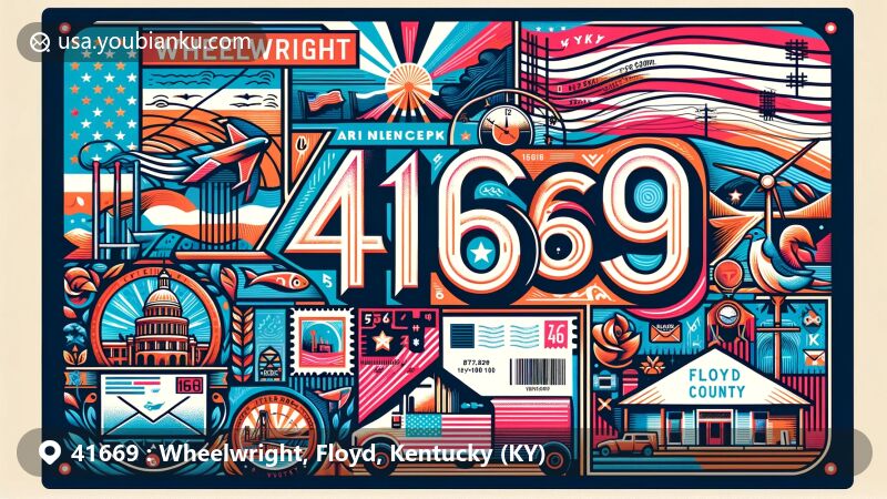 Modern illustration of Wheelwright, Floyd County, Kentucky, showcasing postal theme with ZIP code 41669, featuring Kentucky state symbols and local landmarks.