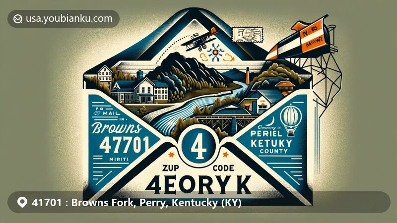 Modern illustration of Browns Fork, Perry County, Kentucky, with postal theme representing ZIP code 41701, featuring vintage air mail envelope and local elements.