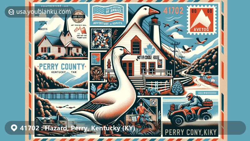 Modern illustration of Hazard, Perry County, Kentucky, showcasing postal theme with ZIP code 41702, featuring Mother Goose House, Buckhorn Lake, Art of the Mountains Quilt Trail, and adventure tourism activities like hiking and ATV riding.
