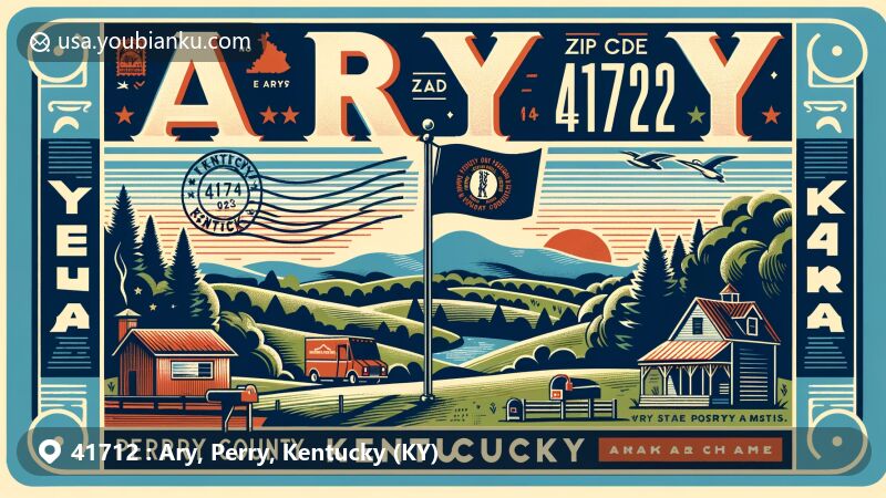 Modern illustration of Ary, Perry County, Kentucky, highlighting the state's landscapes, Appalachian Mountains, and ZIP code 41712, featuring vintage postcard design with Kentucky state flag.