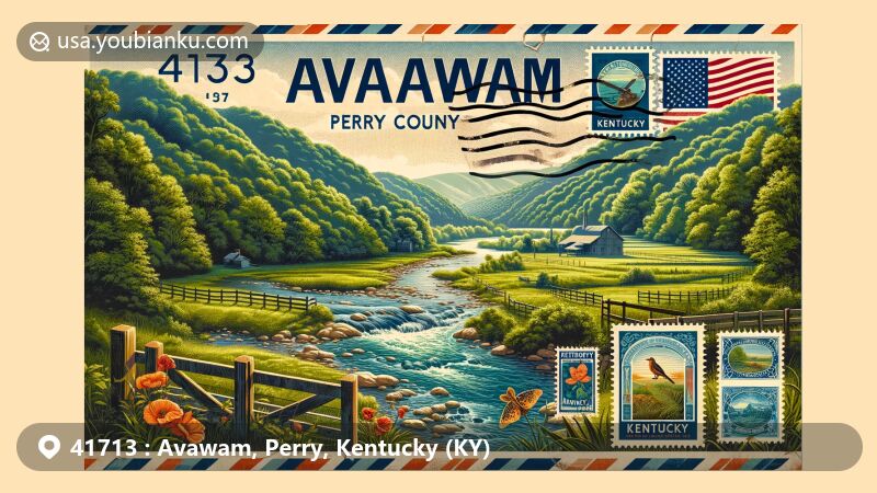 Modern illustration of Avawam, Perry County, Kentucky, showcasing Appalachian Mountains, state flag, and serene greenery, with vintage air mail envelope design, featuring ZIP Code 41713, local wildlife, and historical postmark.