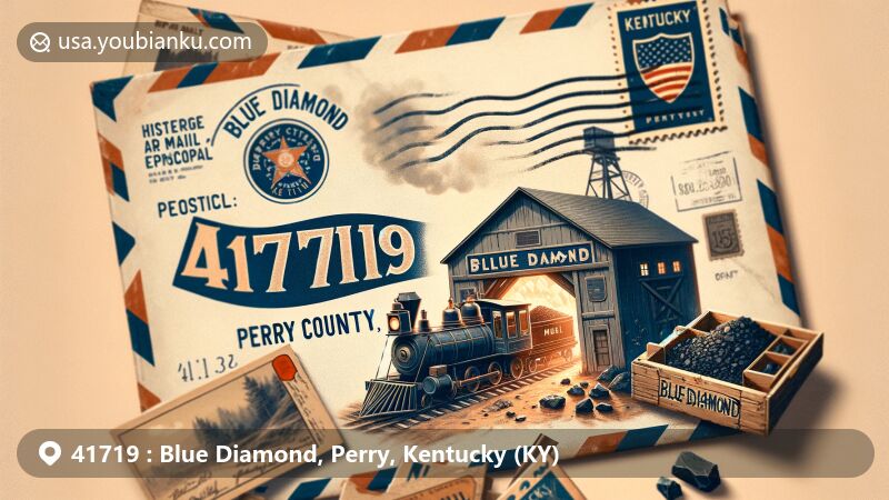 Modern illustration of Blue Diamond, Perry County, Kentucky, featuring vintage air mail envelope with ZIP code 41719, showcasing coal mining heritage with historical mine entrance and coal cart, symbols of Kentucky in the background.