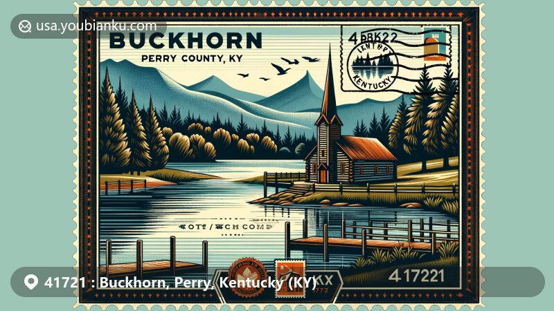 Modern illustration of Buckhorn, Perry County, Kentucky, showcasing Buckhorn Lake State Resort Park with its serene lake and lush greenery, against the backdrop of the picturesque Kentucky mountains, featuring ZIP Code 41721 and vintage postal elements.