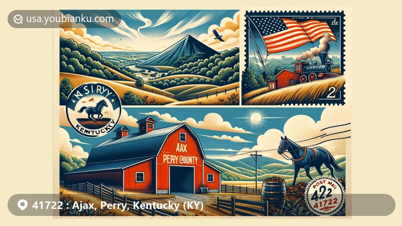 Modern illustration of Ajax, Perry County, Kentucky, featuring postal theme for ZIP code 41722, showcasing local scenery with vintage air mail envelope and postage stamp of coal cart or horse, set against rolling hills, coal mine entrance, Kentucky state flag, and Appalachian Mountains.