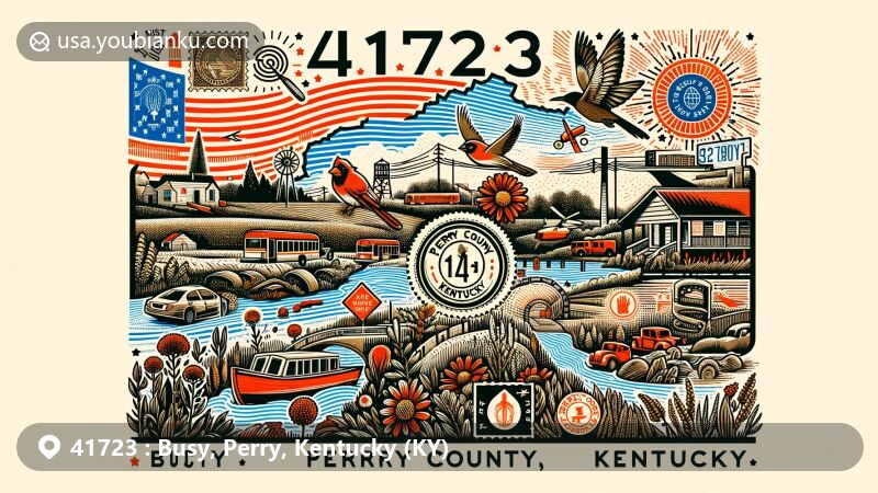 Modern illustration of Busy, Perry County, Kentucky, in postcard style with state symbols: Northern Cardinal, Goldenrod, and postal elements, highlighting ZIP code 41723 and local scenery.