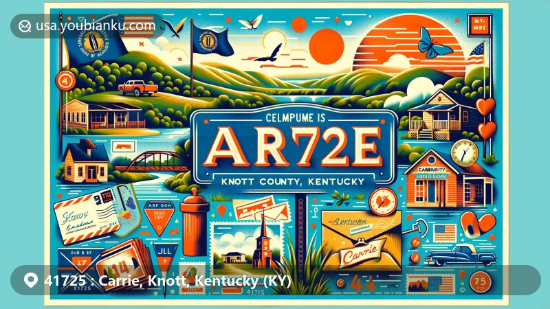 Modern illustration of Carrie, Knott County, Kentucky, capturing postal theme with ZIP code 41725, showcasing state symbols and natural beauty in vibrant colors.