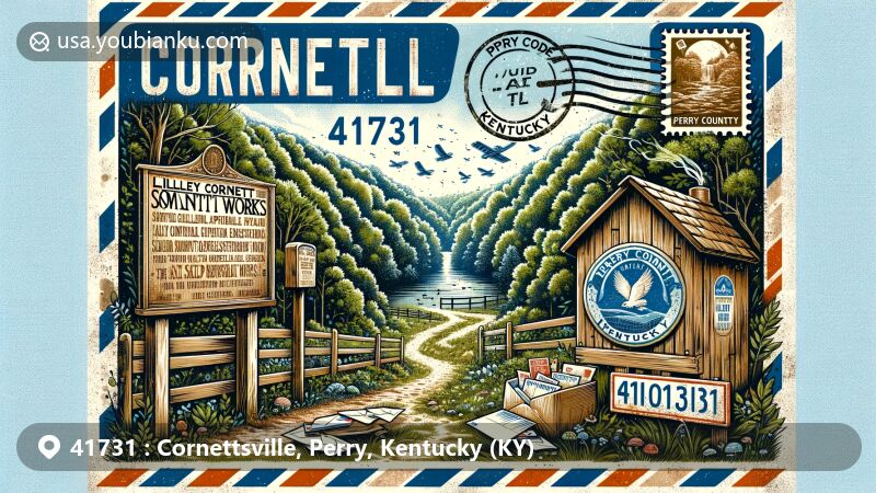 Modern illustration of Cornettsville, Perry County, Kentucky, featuring vintage air mail envelope with ZIP code 41731, showcasing Lilley Cornett Woods and Salt Works historical marker.