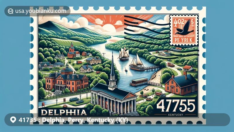 Modern illustration of Delphia, Perry County, Kentucky, capturing the essence of ZIP Code 41735 with a blend of natural beauty, historic elements, and postal motifs in a wide-format image.