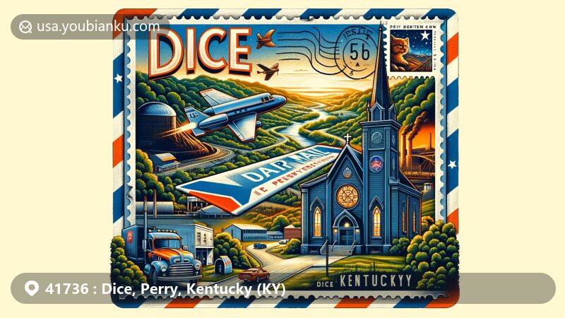 Modern illustration of Dice, Perry County, Kentucky, featuring vintage air mail envelope with vibrant illustrations of Buckhorn Presbyterian Church and Greer Gymnasium. Includes Kentucky state flag stamp and ZIP code 41736, emphasizing local heritage and history.