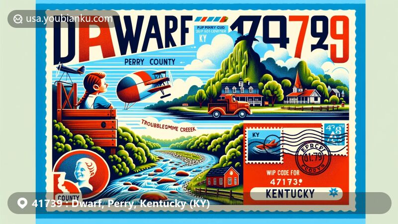 Modern illustration of Dwarf, Perry County, Kentucky, featuring Troublesome Creek's scenic beauty and elements of postal theme with Kentucky state flag stamp, vintage air mail envelope, and ZIP code 41739.