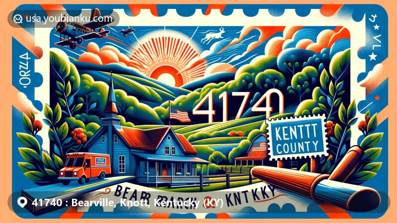 Creative illustration of Bear Branch, Knott County, Kentucky, representing ZIP code 41740, showcasing Hindman Settlement School and Kentucky's natural landscapes with a vintage airmail envelope and state flag.