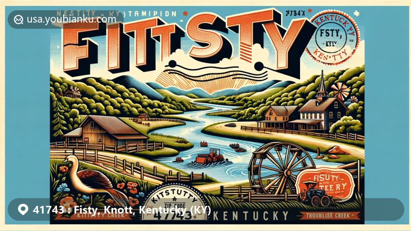 Modern illustration of Fisty, Knott County, Kentucky, capturing the essence and charm of the region with ZIP code 41743, featuring Troublesome Creek and symbols of local landmarks and culture.