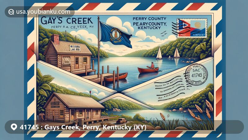 Modern illustration of Gays Creek, Perry County, Kentucky, blending postal themes with Buckhorn Lake State Resort Park, Gays Creek post office, and Kentucky state flag.