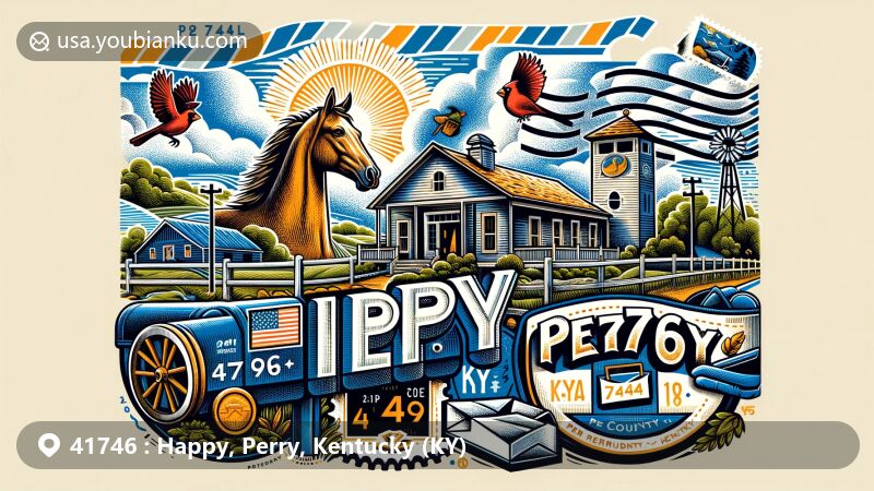 Modern illustration of Happy community, Perry County, Kentucky, with ZIP code 41746, featuring state bird cardinal and thoroughbred horse, highlighting equestrian culture and coal mining history.