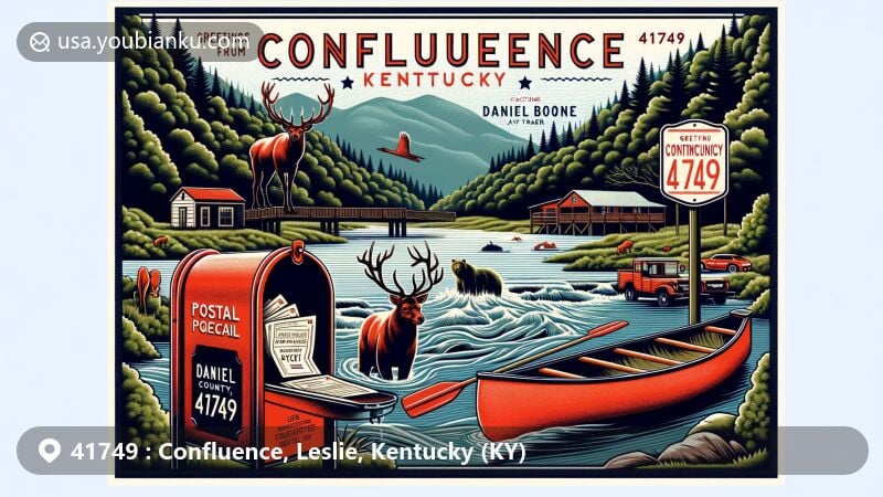 Modern illustration of Confluence, Leslie County, Kentucky, with vintage postcard layout featuring 'Greetings from Confluence, Kentucky, 41749', showcasing Daniel Boone National Forest's scenic beauty, elk, black bears, and local outdoor activities.