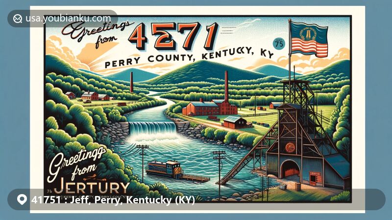 Modern illustration of Jeff, Perry County, Kentucky, highlighting coal mining heritage with vintage coal mine entrance, North Fork of Kentucky River, and Appalachian Mountains, set in postcard format with ZIP code 41751 and Kentucky state flag.