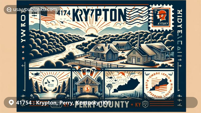 Modern postcard design for Krypton, Perry County, Kentucky (KY), showcasing local natural beauty and community spirit with Kentucky state flag, outline of Perry County, and postal elements for ZIP code 41754.