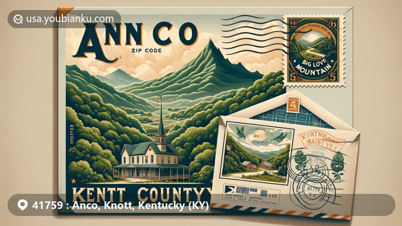 Modern illustration of Anco, Knott County, Kentucky, representing ZIP code 41759, featuring lush landscapes, Appalachian Mountains, Hindman Historic District, vintage airmail envelope with Hindman Settlement School postcard, Big Lovely Mountain stamp, and Kentucky state flag overlay.