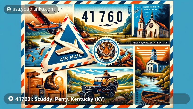 Modern illustration of Scuddy, Perry County, Kentucky, showcasing postal theme with ZIP code 41760, featuring Buckhorn Presbyterian Church, Greer Gymnasium, Mother Goose House, and outdoor adventure spirit.