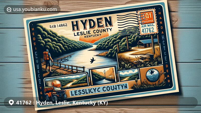 Modern illustration of Hyden, Leslie County, Kentucky, showcasing natural beauty of Middle Fork of the Kentucky River, Kentucky Trail Town status, and postal theme with ZIP code 41762.