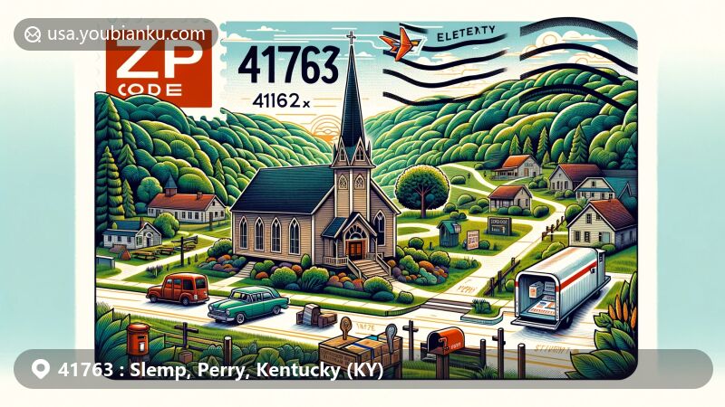Modern illustration of Slemp, Perry County, Kentucky, featuring Berean Church amid lush greenery and hills, reflecting the Appalachian beauty of the region, with postal elements like envelopes, stamps, and mail carrier, symbolizing ZIP code 41763.