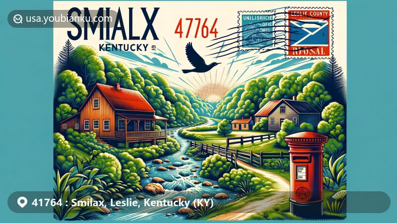 Modern illustration of Smilax, Leslie County, Kentucky, showcasing lush natural scenery and postal theme with ZIP code 41764, featuring Polls Creek, Smilax community, and vintage air mail elements.