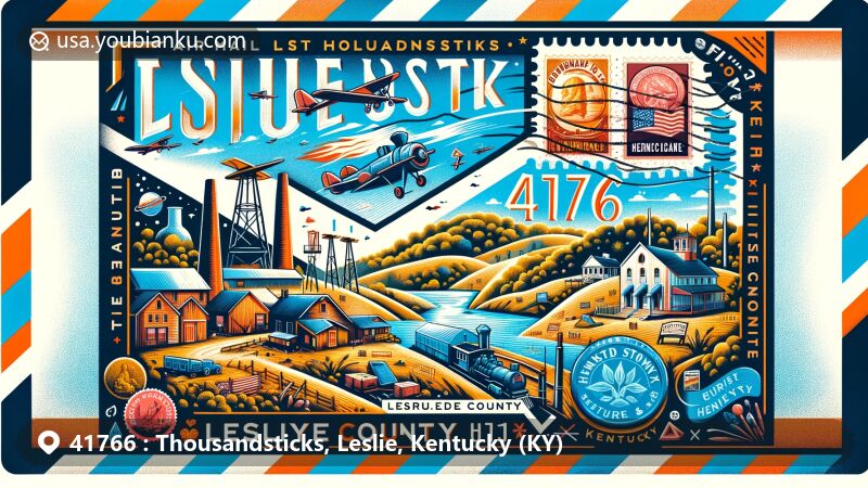 Modern illustration of Thousandsticks, Leslie County, Kentucky, featuring air mail envelope with ZIP code 41766, Wendover historic house, Hurricane Mine Memorial, Kentucky Veterans Cemetery South East, and scenic landscape.