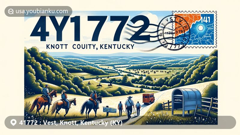 Modern illustration of Vest, Knott County, Kentucky, capturing the essence of local culture and postal theme with vintage postcard design, showcasing ZIP code 41772 and Knott County Trail Ride event.