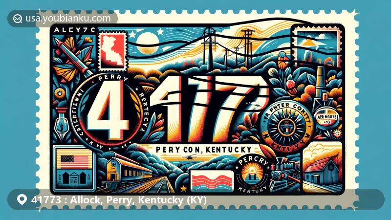 Modern illustration of Allock, Perry County, Kentucky, showcasing postal theme with ZIP code 41773, featuring regional symbols like coal mine entrance and Kentucky state flag.
