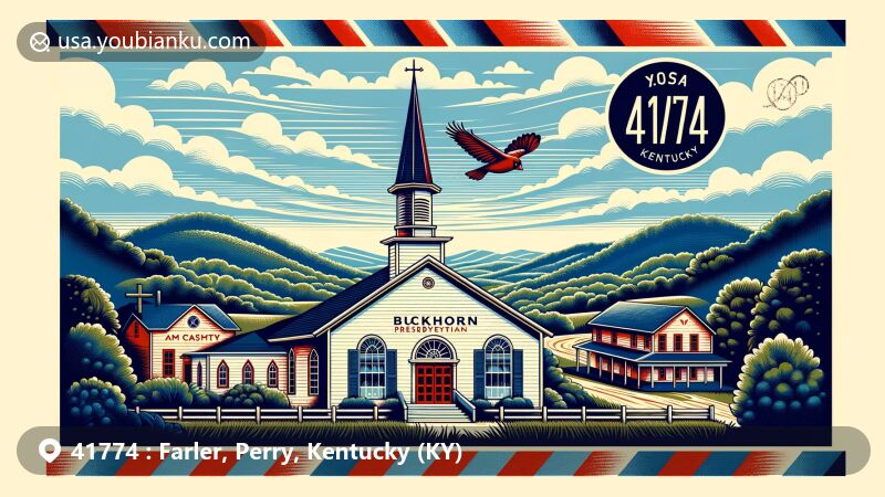 Modern illustration of Farler, Perry County, Kentucky, featuring ZIP code 41774 with a vintage airmail envelope, red and blue stripes symbolizing postal theme, Buckhorn Presbyterian Church, Greer Gymnasium, and Kentucky state symbols.