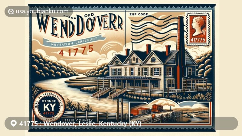 Modern illustration of Wendover, Leslie County, Kentucky, resembling a vintage postcard, featuring Middle Fork River and Mary Breckinridge's historic home.
