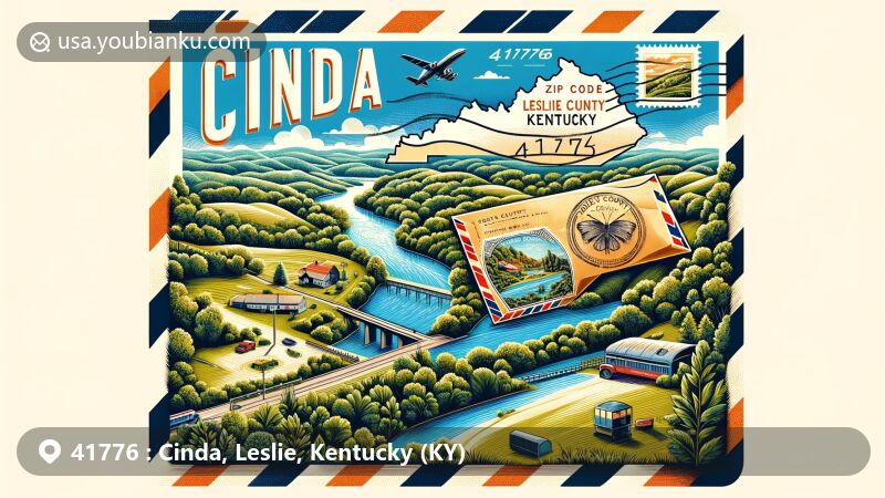 Modern illustration of Cinda, Leslie County, Kentucky, showcasing natural beauty and postal theme with ZIP code 41776, featuring rolling hills, dense forests, tranquil rivers, and a vintage airmail envelope with a postage stamp depicting Kentucky state symbols.