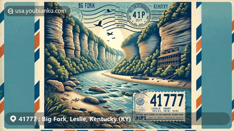 Modern illustration of Big Fork, Leslie County, Kentucky, highlighting natural beauty and iconic elements of Big South Fork National River and Recreation Area.