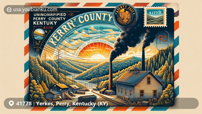 Modern illustration of Yerkes, Perry County, Kentucky, showcasing postal theme with ZIP code 41778, featuring Kentucky state flag and rugged terrain, highlighting coal mining heritage and natural beauty.