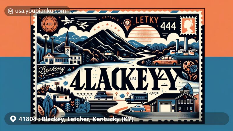 Modern illustration of Blackey, Letcher County, Kentucky, with a postal theme showcasing ZIP code 41804, incorporating county and state outlines, featuring local landmarks and natural elements.