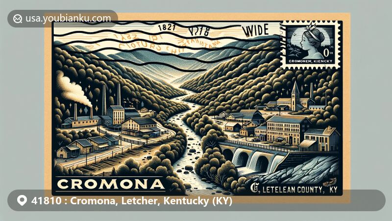Modern illustration of Cromona area, Letcher County, Kentucky, featuring postal theme with ZIP code 41810, showcasing coal mining heritage and Appalachian Mountains scenery.