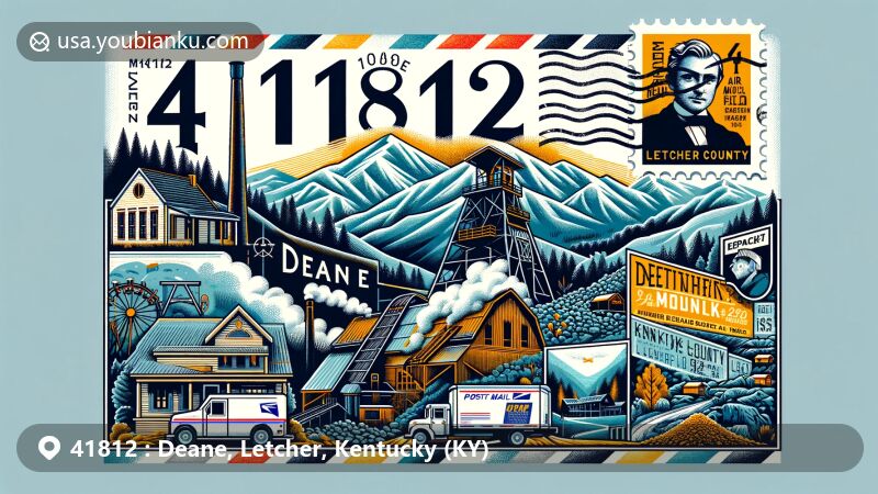 Creative illustration of Deane, Letcher County, Kentucky, showcasing scenic beauty and mountain culture, featuring mountain landscapes, coal mining heritage, and literary influence of John Fox, Jr.