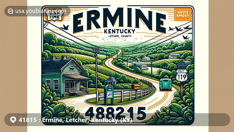 Modern illustration of Ermine, Kentucky, showcasing U.S. Route 119 winding through lush landscapes, representing postal theme with ZIP code 41815. Includes vintage post office elements and Letcher County symbolism.