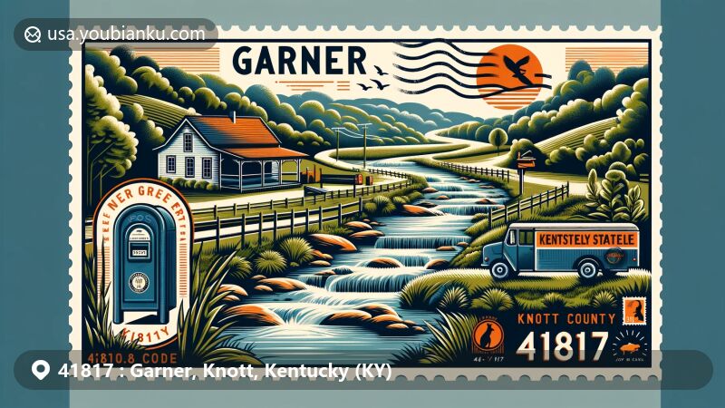 Modern illustration of Garner, Knott County, Kentucky, highlighting postal theme with ZIP code 41817, showcasing Cumberland Plateau Region's natural beauty with lush greenery and streams, featuring Kentucky state flag and vintage postal elements.