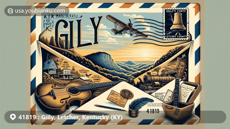 Modern illustration of Gilly, Letcher County, Kentucky, depicting ZIP code 41819, showcasing mountainous landscapes, vintage air mail envelope with symbols of coal mining, traditional music, Kingdom Come State Park or Bad Branch Falls, postmark 'Gilly, KY 41819,' quill, inkwell, and storytelling tradition inspired by John Fox, Jr.
