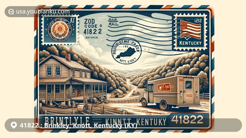 Modern illustration of Brinkley, Knott, Kentucky, featuring Troublesome Creek, Hindman Settlement School, and postal theme with ZIP code 41822.