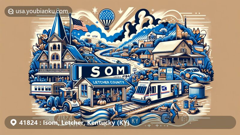 Modern illustration of Isom, Letcher County, Kentucky, featuring postal theme with ZIP code 41824, showcasing community spirit and local landmarks.
