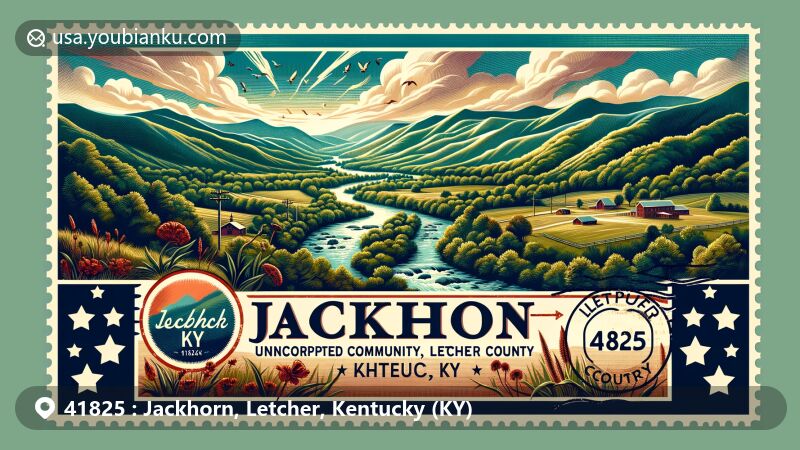 Modern illustration of Jackhorn, KY 41825, in Letcher County, showcasing natural landscapes and postal elements with a vintage postage stamp, highlighting the area's beauty and unique postal identity.