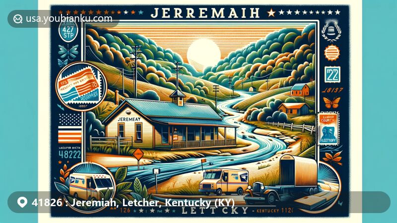 Modern illustration of Jeremiah, Letcher, Kentucky, highlighting postal theme with ZIP code 41826, featuring post office on Route 7, Kentucky landscapes, Doty Creek, vintage postage stamp frame, postal truck, mailbox, Kentucky state flag, and Letcher County outline.