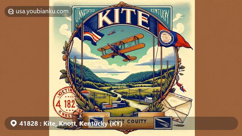 Modern illustration of Kite, Knott County, Kentucky, blending regional scenery with postal elements, featuring Kentucky state flag, Mammoth Cave National Park, and Daniel Boone National Forest.
