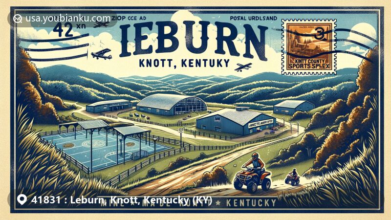 Modern illustration of Leburn, Knott, Kentucky, showcasing Mine Made Adventure Park with ATV trails and horseback riding paths, Knott County Sportsplex with basketball courts and soccer field, surrounded by Eastern Kentucky's scenic hills.