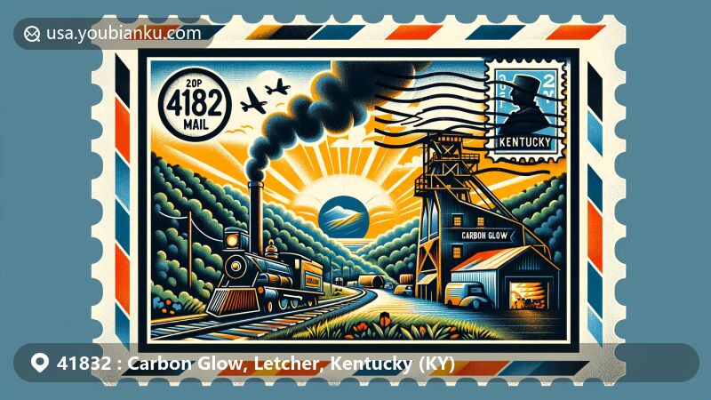 Modern illustration of Carbon Glow, Letcher County, Kentucky, showcasing postal theme with ZIP code 41832, featuring Coal Glow Coal Co. and Letcher County landscape, Kentucky state flag, coal miner's helmet and pickaxe.