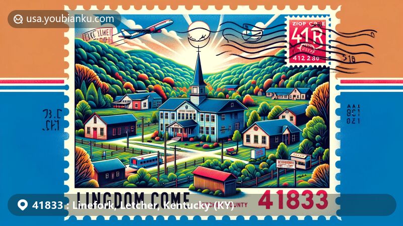 Modern illustration of Linefork, Letcher County, Kentucky, highlighting Kingdom Come Settlement School, surrounded by Appalachian forests and mountains, and featuring postal theme with ZIP code 41833.