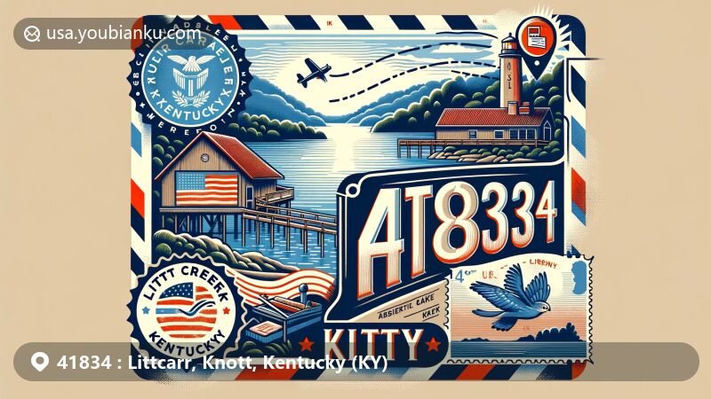 Modern illustration of Littcarr, Knott County, Kentucky, fusing regional and postal themes with Carr Creek Lake and ZIP code 41834, featuring Kentucky state flag and air mail design.