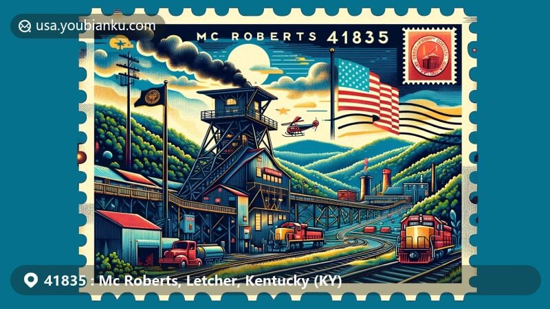 Modern illustration of Mc Roberts, Letcher County, Kentucky, highlighting ZIP code 41835, featuring Kentucky state symbols and coal mining heritage with a picturesque landscape.
